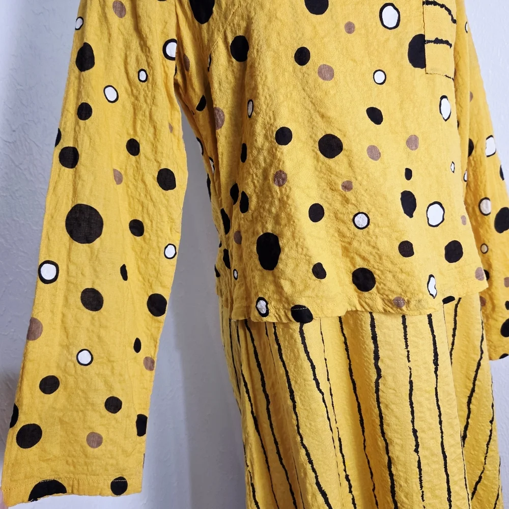 Yellow Long Sleeve Polka Dot & Stripe Midi Dress (fits like M)